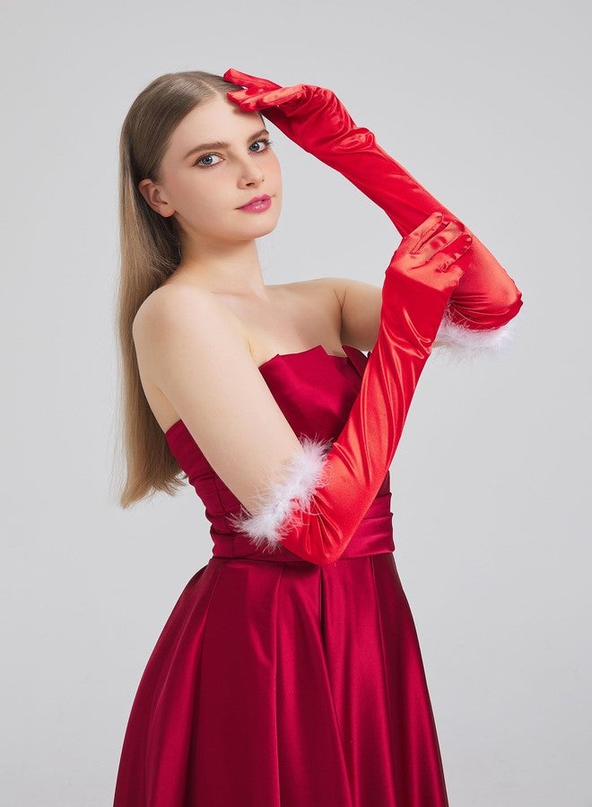 sodknow Long Red Satin Gloves with Feathers Women Costume Long Red Gloves Elbow Length for Opera Halloween Christmas Outfits Cosplay 1920s Gatsby Party Masquerade Balls Formal Evening Vintage Flapper Dress up - Image 2